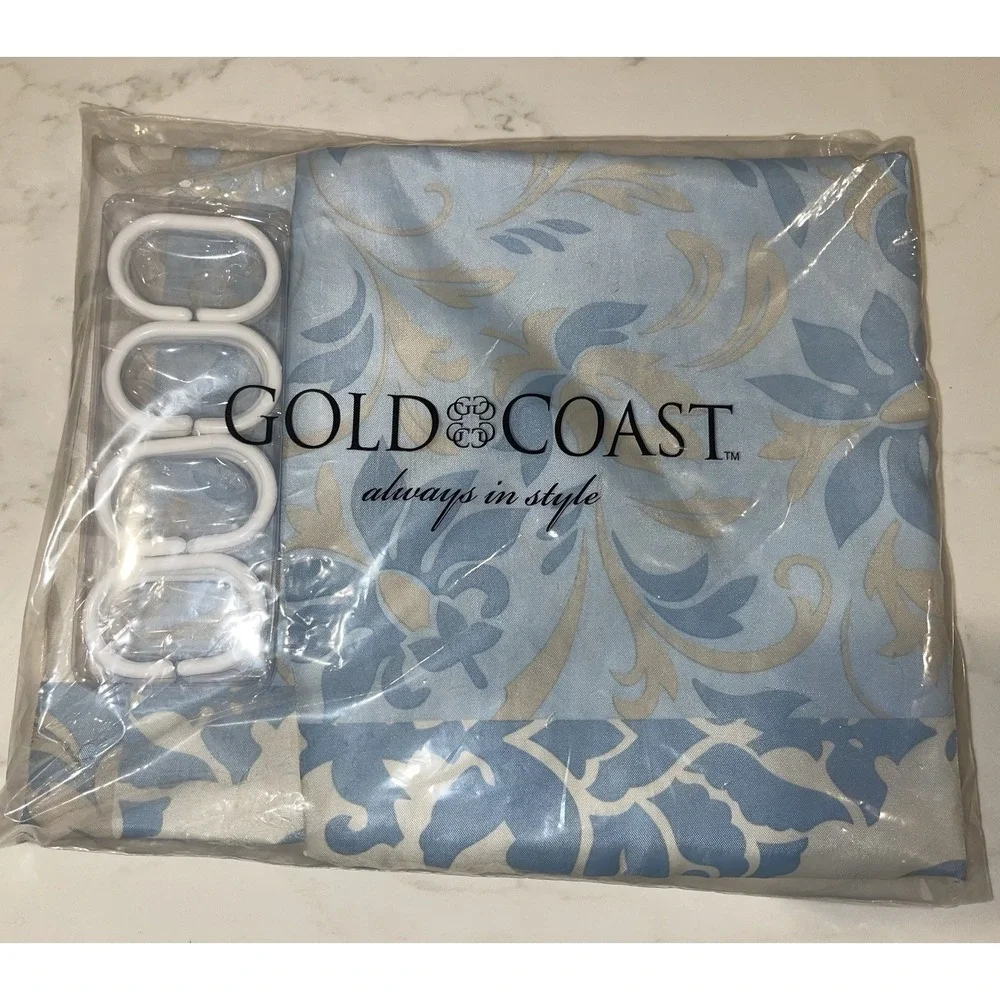 Vintage Gold Coast Blue Beige White Shower Curtain & Hooks Set 13 Piece NEW